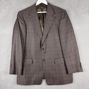 Roundtree & Yorke‎ Blazer Mens 44R Brown Gray Windowpane Wool Silk Sport Coat
